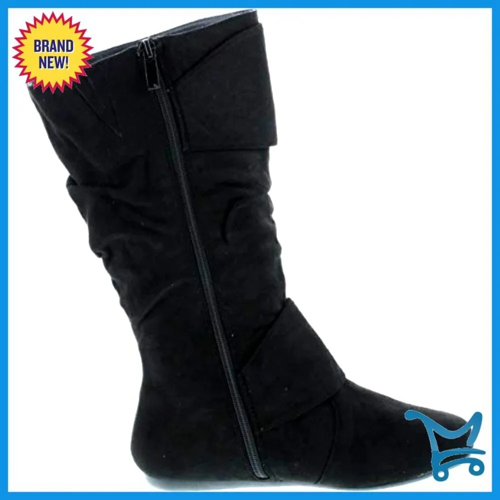 Slouch Mid-Calf Boots with Buckle Closure, Slip-On Zip, Non-Skid Sole